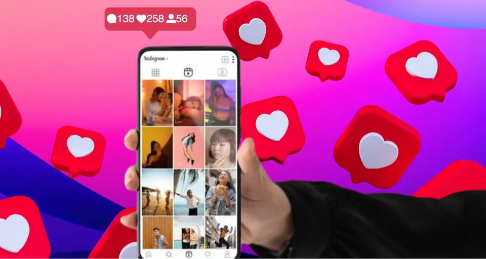 A hand holding a smartphone showing an Instagram profile with floating social media icons.