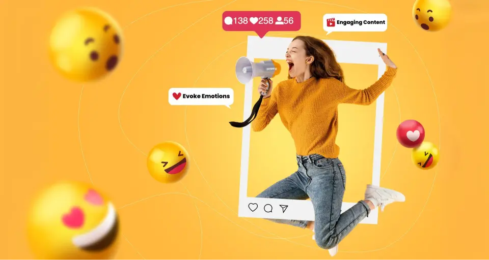 Woman in a bright sweater jumps with a megaphone, surrounded by emojis and social media icons