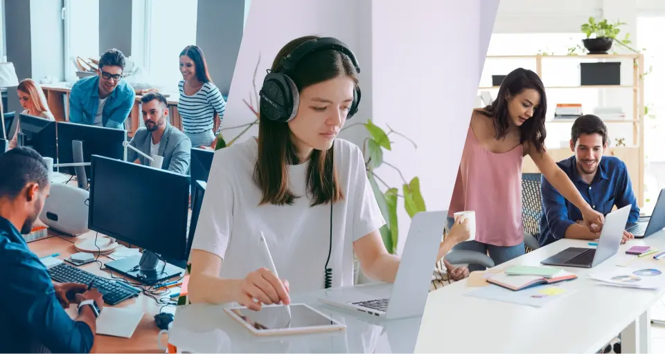 Composite image: team collaborating, person with headphones working, two discussing at a table.