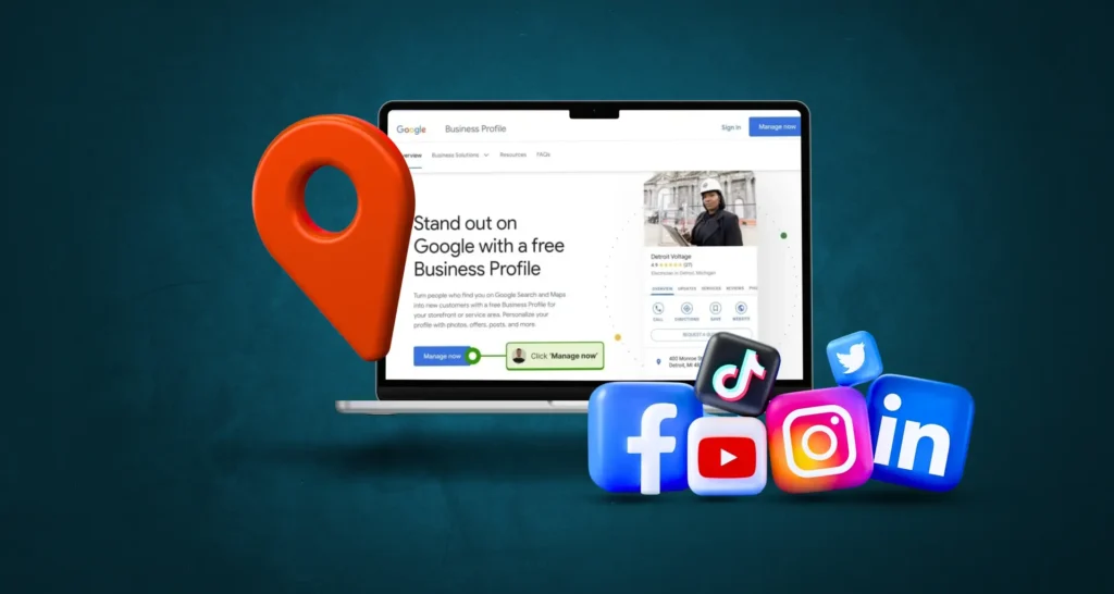 Laptop shows Google Business Profile, with an orange map pin and social media icons in front.