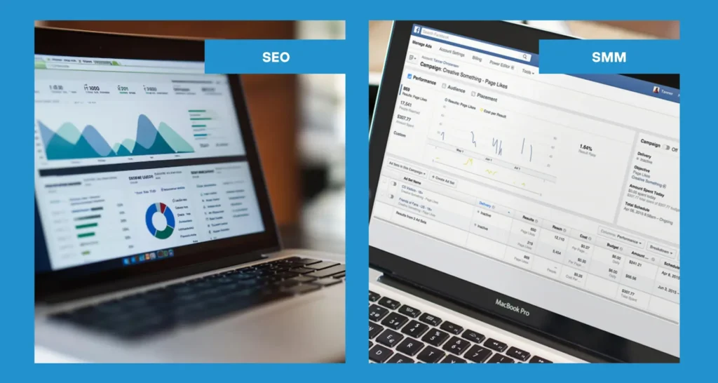 Two laptops: one with SEO analytics, the other with SMM metrics, labeled "SEO" and "SMM."