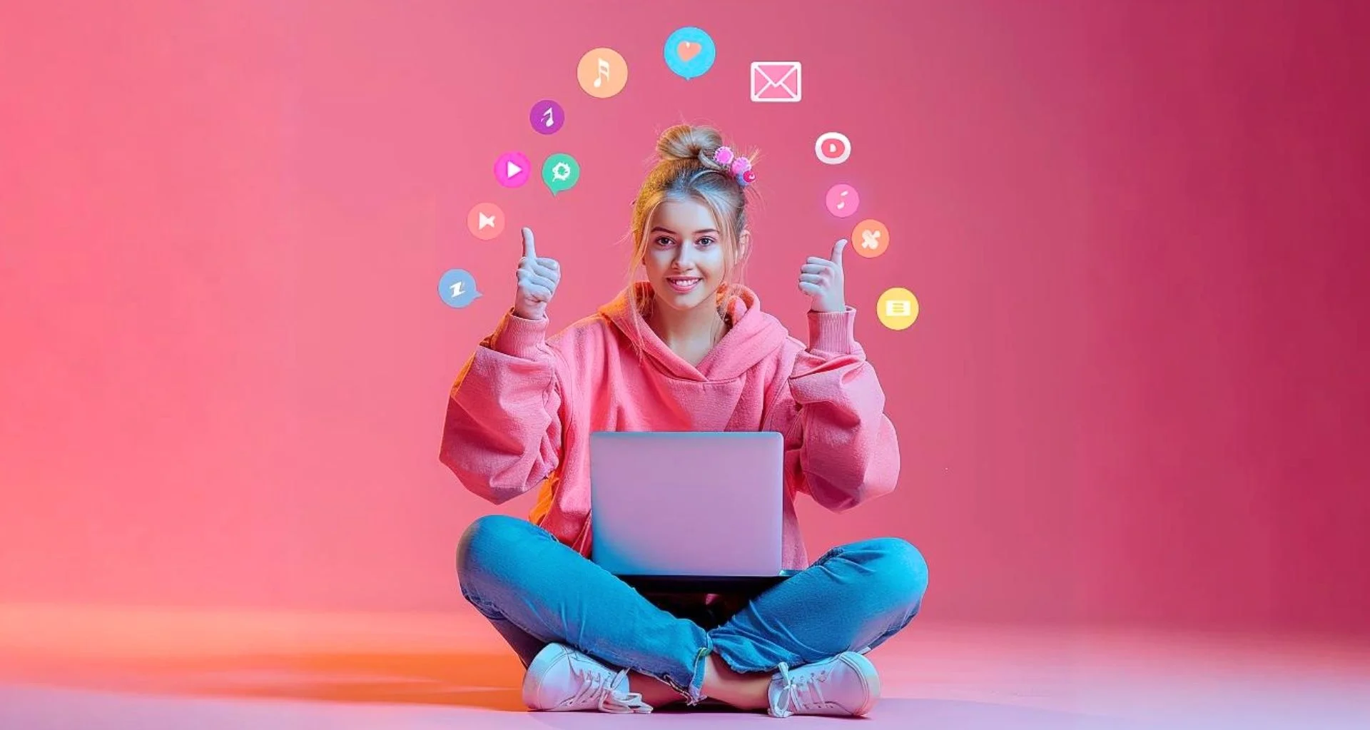 Person sitting cross-legged with a laptop, thumbs up, social media icons.