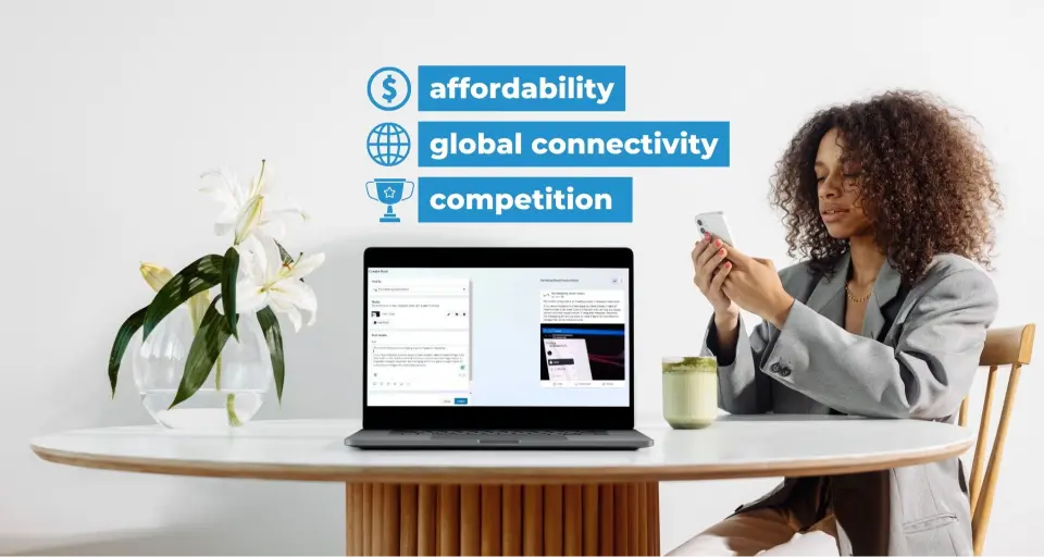 Person with smartphone, laptop, plant, and drink. Text: "affordability, connectivity, competition."