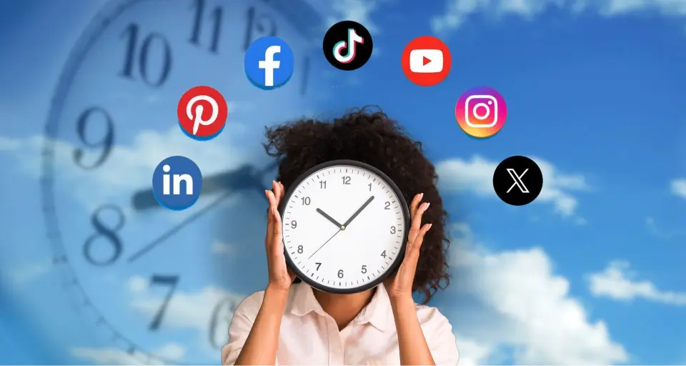 Person holding a clock with social media icons (Facebook, TikTok, YouTube, etc.) behind.