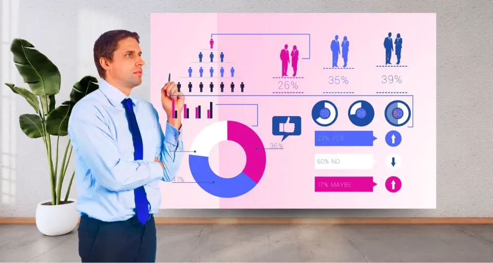 Man in a blue shirt stands thoughtfully beside a presentation board with charts and graphs.