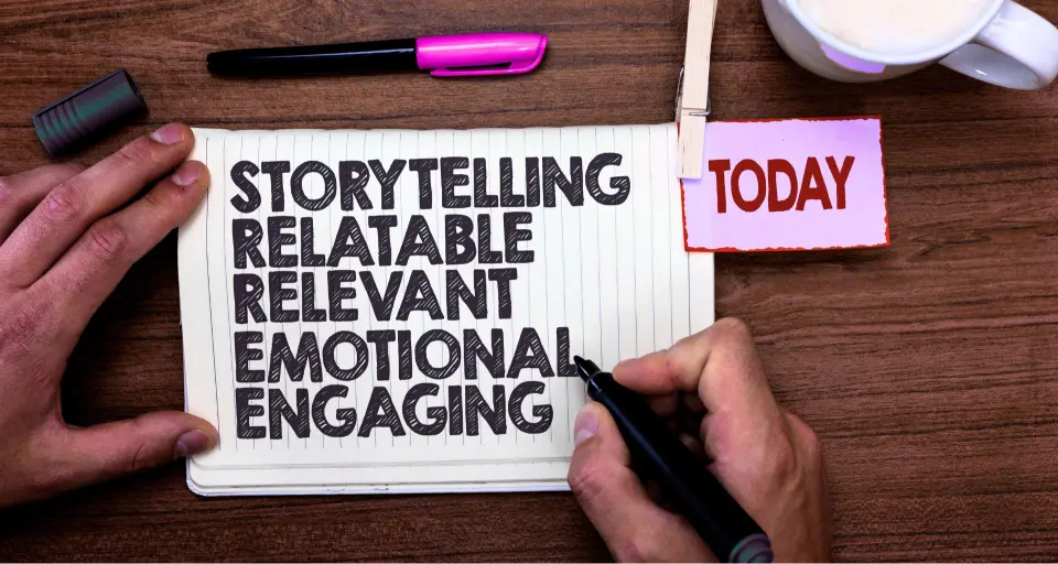 Person writes "Storytelling, Relatable, Relevant, Emotional, Engaging" in a notebook.