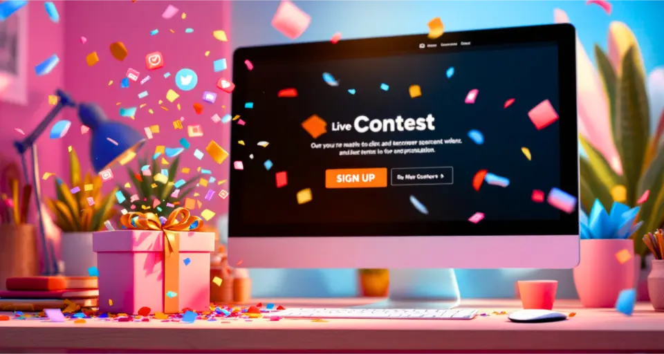 Computer screen showing a Live Contest' page with confetti a gift box, and social media icons.