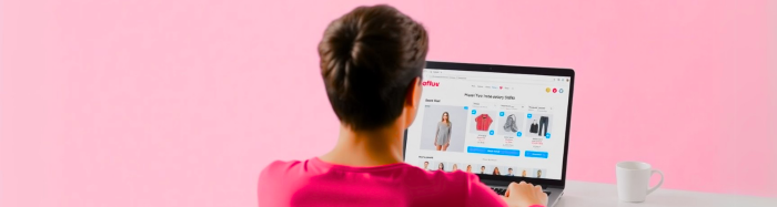 Person browsing an online clothing store on a computer with a coffee cup set a pink background