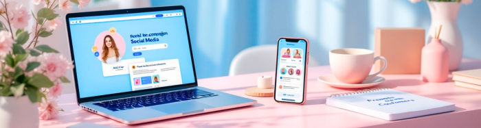 Laptop & phone on pink desk with social media, office supplies around.