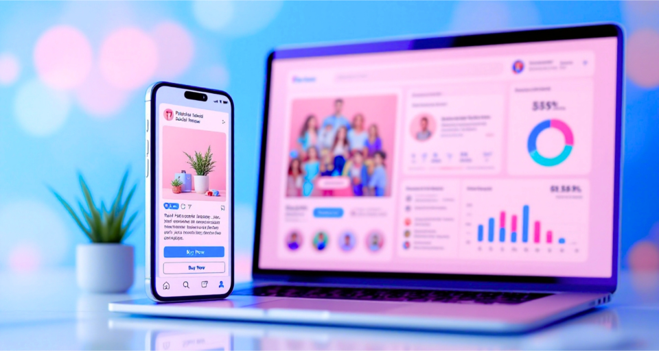 Smartphone & laptop showing social media and analytics on a desk, blue bokeh background.