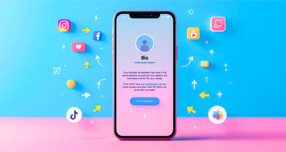 Smartphone showing a social media bio page with Instagram, Facebook, and TikTok icons.