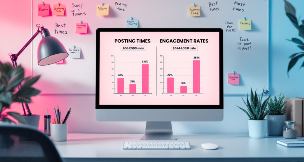 Bar charts comparing social media posting times and engagement rates on a desktop screen