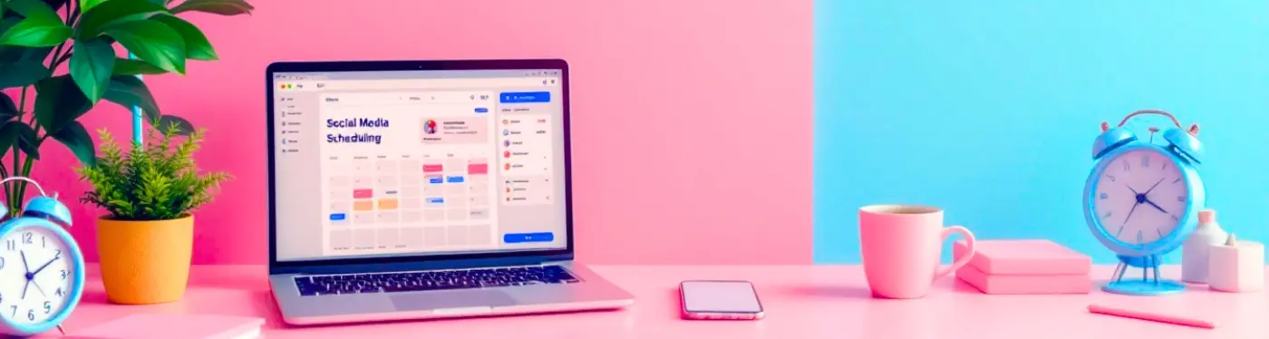 A laptop on a vibrant desk shows a social media scheduling app, with essentials around it.