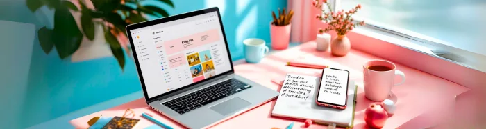 Laptop displaying an e-commerce dashboard on a pink-themed workspace with a smartphone and notebook