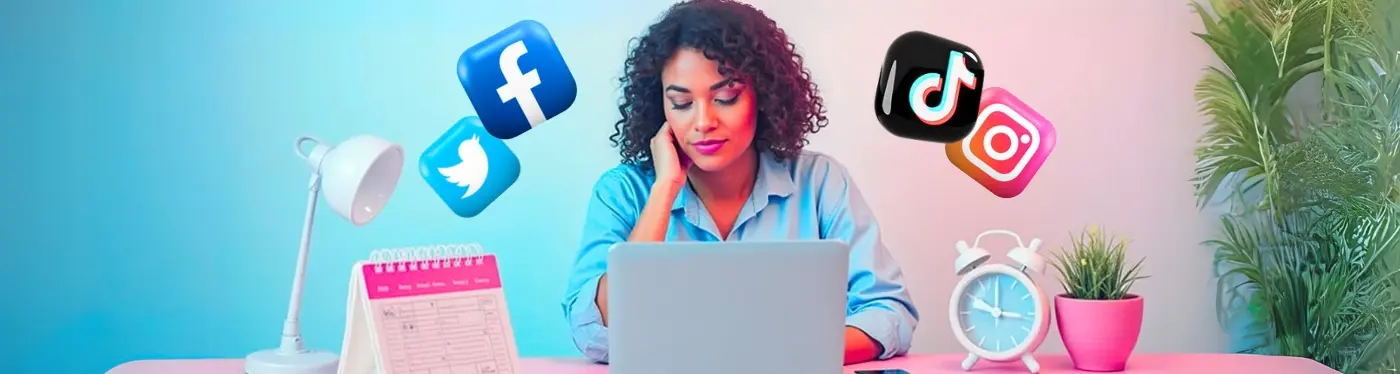 Woman using laptop with social media icons, representing social media engagement & posting