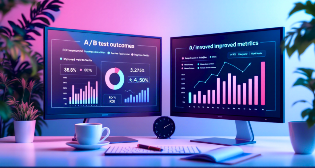 Dual monitors showing improved metrics and ROI analysis for social media campaigns.