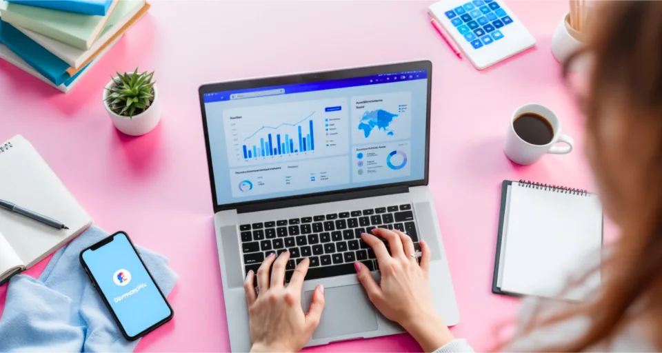 Person analyzing audience insights on a laptop with data charts, graphs, and social media analytics