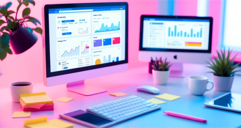 Dual-monitor setup displaying marketing analytics dashboards with charts and graphs for data analysis