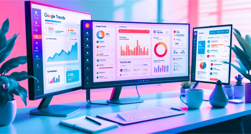 Triple-monitor setup displaying Google Trends and data analytics dashboards for digital marketing research