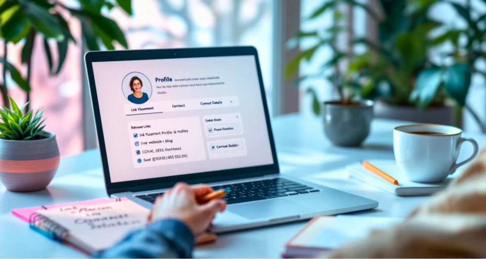 A laptop displaying a profile page with contact information and social media links. A person is working on the laptop, taking notes in a notebook. The setting includes a cozy workspace with plants, a coffee cup, and natural lighting.