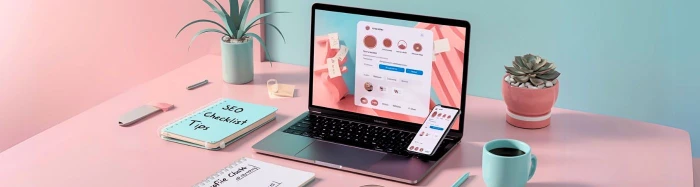 A stylish workspace with a laptop open to a social media profile page, accompanied by a smartphone showing a similar interface. The desk is decorated with a notepad labeled "SEO Checklist & Tips," a plant, and a pastel-themed background.